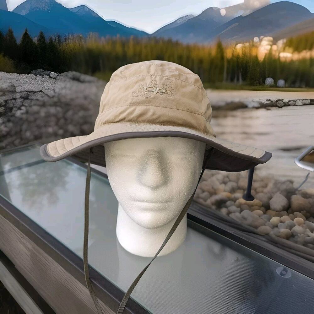 Outdoor Research Boonie Hat Wide Brim Bucket Cap Beige Medium Nylon Chin Strap
